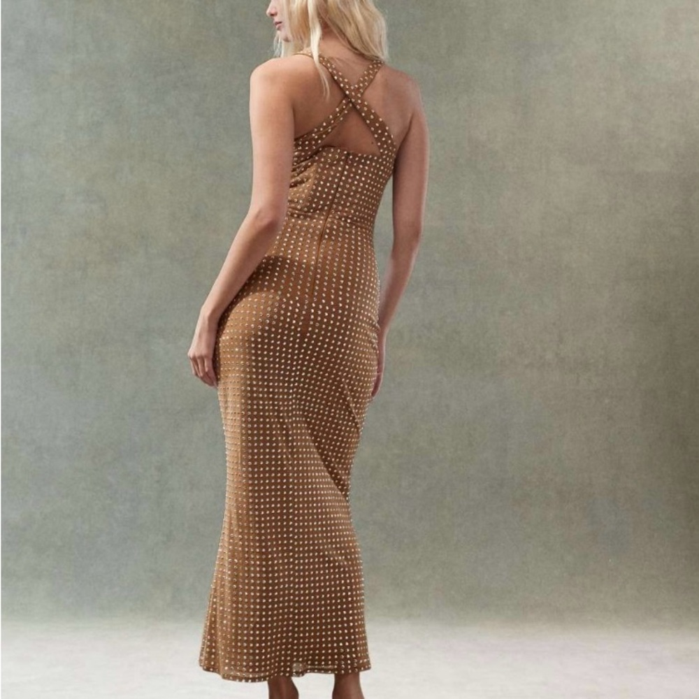 ASOS Design scooped halter neck midi dress in laser cut hot fix in tan - Picture 3 of 7